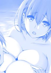 Rule 34 | 2girls, ai-chan (tawawa), artist name, blue theme, braid, breast press, breast suppress, breasts, collarbone, earrings, eyebrows, female focus, from above, getsuyoubi no tawawa, hair between eyes, hands on breasts, hands on own chest, highres, jewelry, large breasts, looking at viewer, medium hair, monochrome, multiple girls, nude, official style, open mouth, out of frame, outdoors, shade, short hair, side braid, signature, solo focus, symmetrical docking, teeth, tony guisado, twin braids, upper body, upper teeth only, water, yuri