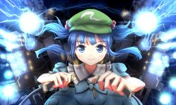 Rule 34 | 1girl, arms up, blue dress, blue eyes, blue hair, blunt bangs, breasts, controller, dress, electricity, eyebrows, firing, flat cap, frilled shirt collar, frills, green hat, hair bobbles, hair ornament, hat, joystick, kawashiro nitori, key, long hair, looking at viewer, machinery, matching hair/eyes, minust, plasma, pocket, short sleeves, short twintails, sidelocks, solo, touhou, twintails, two side up, upper body