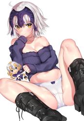 Rule 34 | 1girl, :&gt;, ahoge, bare shoulders, blush, boots, bow, bow panties, breasts, character doll, cleavage, collarbone, cross-laced footwear, fate/grand order, fate (series), grey hair, hand up, jeanne d&#039;arc (fate), jeanne d&#039;arc (ruler) (fate), jeanne d&#039;arc alter (avenger) (fate), jeanne d&#039;arc alter (fate), large breasts, lying, mataro (matarou), midriff peek, navel, on back, panties, ribbed sweater, simple background, sleeves past wrists, smile, solo, sweater, thighs, tsurime, underwear, white background, white panties, yellow eyes
