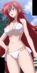Rule 34 | 10s, 1girl, bikini, breasts, green eyes, high school dxd, highres, large breasts, long hair, red hair, rias gremory, smile, solo, standing, stitched, swimsuit, third-party edit, very long hair, white bikini