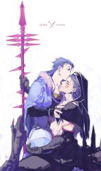 Rule 34 | 2boys, black gloves, black pants, blue hair, bodypaint, bracelet, capelet, closed mouth, cu chulainn (caster) (fate), cu chulainn (fate), cu chulainn (fate) (all), cu chulainn (fate/stay night), cu chulainn alter (fate), cu chulainn alter (fate/grand order), dark persona, earrings, elbow gloves, closed eyes, facepaint, fate/grand order, fate (series), fur-trimmed hood, fur trim, gae bolg (fate), gloves, holding, holding polearm, holding weapon, hood, hood down, hood up, hooded capelet, iz izhara, jewelry, lancer, long hair, male focus, multiple boys, multiple persona, muscular, pants, polearm, simple background, sitting, sitting on lap, sitting on person, skin tight, spiked hair, spikes, tail, topless male, type-moon, weapon, yaoi