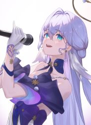 Rule 34 | 1girl, :d, absurdres, aqua eyes, bare shoulders, blue choker, choker, commentary, detached sleeves, dress, earrings, facial mark, gloves, habi (habi 140), hair intakes, head wings, highres, holding, holding microphone, honkai: star rail, honkai (series), jewelry, long hair, looking at viewer, microphone, open mouth, purple hair, robin (honkai: star rail), short sleeves, simple background, smile, solo, upper body, very long hair, white background, white gloves, wings