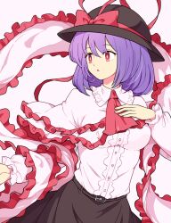 Rule 34 | 1girl, ascot, belt, black hat, bow, capelet, frilled capelet, frilled shawl, frills, hand on own chest, hat, hat bow, long sleeves, maguro (mawaru sushi), nagae iku, open mouth, purple hair, red ascot, red bow, red eyes, shawl, shirt, short hair, solo, touhou, upper body, white capelet, white shirt
