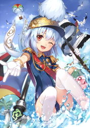 Rule 34 | 1girl, :d, aiguillette, aircraft, band uniform, bird, blue hair, blush, cloud, day, epaulettes, feet, gloves, hat, heart, heart-shaped pupils, highres, holding, hot air balloon, looking at viewer, moeoh ex, no shoes, one-piece swimsuit, one eye closed, open mouth, original, palm tree, red eyes, seagull, short hair, sky, smile, solo, swimsuit, symbol-shaped pupils, thighhighs, toes, tree, tsubasa tsubasa, wet, wet clothes, white gloves, white thighhighs
