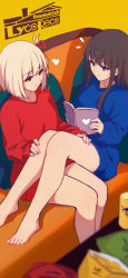Rule 34 | 2girls, absurdres, antenna hair, blue eyes, blue sweater, book, brown hair, chips (food), copyright name, couch, food, hands on another&#039;s leg, heart, highres, holding, holding book, inoue takina, long hair, long sleeves, lycoris recoil, multiple girls, nishikigi chisato, notice lines, on couch, open book, potato chips, reading, red eyes, red sweater, shimmer, short hair, sitting, sweater, white hair, yuri