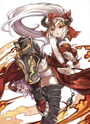 Rule 34 | 10s, 1girl, aliza (granblue fantasy), armor, armored boots, boots, breasts, draph, dress, earrings, fighting stance, fire, granblue fantasy, highres, horns, jewelry, large breasts, long hair, pointy ears, ponytail, red dress, red eyes, shibano kaito, short shorts, shorts, silver hair, solo, white legwear