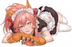 Rule 34 | 1girl, animal ear fluff, animal ears, animal hands, apron, black dress, bow, closed mouth, dress, fang, fang out, fate/grand order, fate (series), fox ears, gloves, hair bow, looking at viewer, maid, maid apron, maid headdress, paw gloves, paw print, pink hair, ponytail, puffy short sleeves, puffy sleeves, red bow, short sleeves, simple background, smile, solo, tamamo (fate), tamamo cat (fate), tamamo cat (second ascension) (fate), thighhighs, toma (me666nm), white apron, white background, white thighhighs