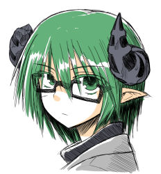 Rule 34 | androgynous, bad id, bad pixiv id, broken horn, gender request, glasses, green eyes, green hair, horns, looking at viewer, matching hair/eyes, pointy ears, short hair, simple background, solo, white background, yoshida hideyuki