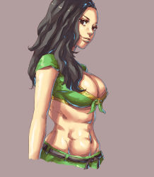 Rule 34 | 1girl, black hair, breasts, brown eyes, cleavage, crop top, from side, front-tie top, grey background, highres, laura matsuda, lips, long hair, looking at viewer, medium breasts, mick cortes, midriff, muscular, navel, simple background, smile, solo, standing, street fighter, street fighter v, toned