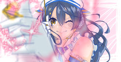 Rule 34 | 1girl, arrow hair ornament, artist name, artist request, bare shoulders, blue hair, blush, bow (weapon), braid, collared shirt, earrings, female focus, flower, gloves, hair between eyes, hair flower, hair ornament, hairclip, hat, holding, holding bow (weapon), holding weapon, jewelry, long hair, looking at viewer, love live!, love live! school idol festival, love live! school idol festival all stars, love live! school idol project, necktie, one eye closed, panda nyanko, parted lips, ribbon, shirt, smile, solo, sonoda umi, standing, star (symbol), star hair ornament, tears, weapon, white gloves, yellow eyes