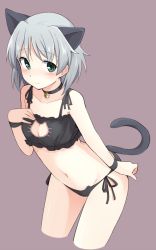 Rule 34 | 1girl, animal ears, bad id, bad pixiv id, bell, black bra, black panties, blush, bra, breasts, cat cutout, cat ear panties, cat ears, cat lingerie, cat tail, choker, cleavage, cleavage cutout, clothing cutout, cropped legs, green eyes, hand on own chest, jingle bell, leaning forward, looking at viewer, meme attire, mobu, navel, neck bell, panties, purple background, sanya v. litvyak, side-tie panties, silver hair, simple background, small breasts, smile, solo, strike witches, tail, underwear, underwear only, world witches series