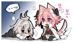 Rule 34 | animal ears, astolfo (fate), blush, chibi, collar, commentary request, dog boy, dog ears, dog tail, fang, fate/apocrypha, fate (series), full body, gradient background, grey background, grey hair, hair between eyes, haoro, kneeling, leash, long hair, long sleeves, lying, multicolored hair, on stomach, open mouth, pink hair, purple eyes, red eyes, sieg (fate), simple background, skin fang, streaked hair, tail, thighhighs, tongue, two-tone hair, white background, white hair