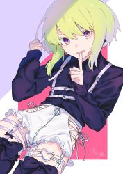 Rule 34 | 1boy, belt, blonde hair, blush, earrings, gloves, green hair, hair ornament, half gloves, heart, highres, jacket, jewelry, lio fotia, looking at viewer, male focus, moegi0926, open mouth, promare, purple eyes, short hair, shorts, simple background, smile, solo, thighhighs, trap
