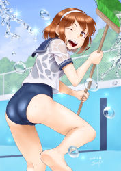 Rule 34 | 1girl, barefoot, blush, breasts, broom, brown eyes, brown hair, day, feet, hairband, highres, looking at viewer, looking back, medium breasts, one-piece swimsuit, one eye closed, open mouth, sailor collar, sailor shirt, sajima yumi, school girl strikers, school swimsuit, shirt, short hair, smile, solo, sunsun69, swimsuit, swimsuit under clothes, wet, wet clothes, wet shirt