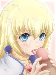 Rule 34 | 1boy, 1girl, blonde hair, blue eyes, blush, censored, colette brunel, cum, cum on hair, facial, from above, hetero, highres, kiikii (kitsukedokoro), long hair, mosaic censoring, nipples, open mouth, oral, penis, sex, solo focus, tales of (series), tales of symphonia, tongue, tongue out