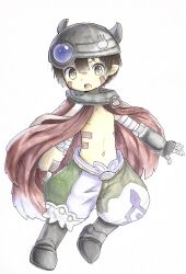Rule 34 | 1boy, :o, android, armpits, brown eyes, brown hair, cape, collar, commentary request, damaged, facial mark, facial tattoo, fake horns, full body, green shorts, hair between eyes, helmet, highres, horned helmet, horns, hukuki0620, looking at viewer, made in abyss, male focus, mechanical arms, mechanical hands, mechanical legs, metal collar, multicolored clothes, multicolored shorts, navel, nipples, open mouth, pants, prosthesis, prosthetic hand, purple shorts, red cape, regu (made in abyss), robot, shorts, simple background, single mechanical hand, slit pupils, solo, spoilers, stretched limb, tattoo, teeth, topless male, two-tone pants, upper teeth only, white background