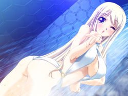 Rule 34 | 1girl, ass, blonde hair, blowing kiss, blue eyes, blush, breasts, cleavage, covered erect nipples, dutch angle, dyogrammaton, game cg, gelsomina piacentini, kiss, long hair, looking back, non-web source, one-piece swimsuit, one eye closed, purple eyes, shinozuka atsuto, showering, slingshot swimsuit, solo, swimsuit, underboob, wet, white one-piece swimsuit, wink