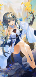 Rule 34 | 1girl, :d, absurdres, artist name, bare legs, bare shoulders, barefoot, blue eyes, branch, breasts, bright pupils, chinese clothes, dated, detached sleeves, dress, feet, floating hair, flower, full body, genshin impact, grey hair, guizhong (genshin impact), hair ornament, highres, in tree, knees up, legs, long sleeves, looking at viewer, open mouth, short hair with long locks, sitting, sitting in tree, sleeveless, sleeveless dress, sleeves past fingers, sleeves past wrists, small breasts, smile, solo, swkl:d, tassel, tassel hair ornament, thighs, toes, tree, twitter username, white dress, white pupils, white sleeves, yellow flower
