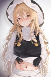 Rule 34 | 1girl, 258n, absurdres, apron, black gloves, black hat, black vest, blonde hair, blush, bow, breasts, buttons, clothes lift, embarrassed, fingerless gloves, frilled hat, frills, full-face blush, gloves, hair between eyes, hair bow, hat, highres, kirisame marisa, lifting own clothes, long hair, long sleeves, looking at viewer, navel, parted lips, shirt, shirt lift, small breasts, solo, touhou, upper body, very long hair, vest, waist apron, white background, white bow, white shirt, yellow eyes