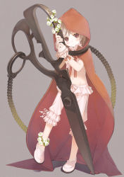 Rule 34 | 1girl, amamiya chiharu, blush, brown eyes, brown hair, cloak, closed mouth, commentary request, cuffs, frills, full body, handcuffs, hood, hooded cloak, navel, original, oversized object, pajamas, scissors, short hair, solo, standing, standing on one leg