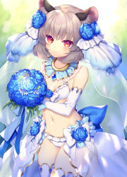 Rule 34 | 1girl, animal ears, bikini, blue capelet, blue flower, bouquet, bow, breasts, bridal veil, bride, capelet, closed mouth, commission, cowboy shot, elbow gloves, flower, gloves, grey hair, hair flower, hair ornament, holding, holding bouquet, jewelry, looking at viewer, mouse ears, navel, nazrin, outdoors, pendant, red eyes, short hair, skeb commission, small breasts, smile, solo, standing, swimsuit, thighhighs, tomobe kinuko, touhou, veil, wedding, white bikini, white bow, white gloves, white thighhighs