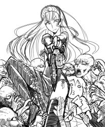 Rule 34 | axe, chainsaw, dress, hime (kaibutsu oujo), hinoki (hinoki-buro), hiyorimi hiro, kaibutsu oujo, long hair, lowres, monochrome, monster, o3o, o o, panties, side-tie panties, thighhighs, tiara, torn clothes, underwear, weapon