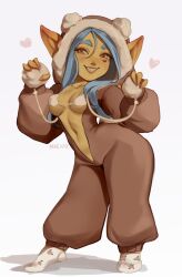 Rule 34 | 1girl, absurdres, artist name, blue hair, brown eyes, center opening, colored skin, facial mark, female goblin, full body, goblin, green skin, grin, heart, highres, hood, hood up, long hair, long sleeves, looking at viewer, maewix (artist), navel, original, pointy ears, pom pom (clothes), rissma (maewix), simple background, smile, socks, solo, thick eyebrows, white background