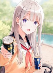 Rule 34 | 1girl, bench, blurry, can, canned coffee, depth of field, drink, drink can, grey hair, hiten (hitenkei), holding, long hair, looking at viewer, neckerchief, open mouth, original, outdoors, park, park bench, plant, purple eyes, red neckerchief, school uniform, sitting, solo, sweater, water
