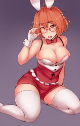 Rule 34 | 10s, 1girl, adjusting eyewear, ahoge, alternate breast size, animal ears, bad id, bad pixiv id, bandages, bare shoulders, blush, bow, bowtie, breasts, cleavage, curvy, detached collar, glasses, kuriyama mirai, kyoukai no kanata, large breasts, looking at viewer, matching hair/eyes, open mouth, orange eyes, orange hair, rabbit ears, red-framed eyewear, revision, short hair, solo, thick thighs, thighhighs, thighs, white thighhighs, wide hips, wrist cuffs, zako (arvinry)