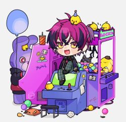 Rule 34 | &gt; &lt;, 1boy, :d, animal, animal on head, arcade cabinet, bag, bag of chips, ball, balloon, bird, bird on head, black footwear, black hair, black jacket, blush, blush stickers, bug, cat, chibi, chick, chips (food), cockroach, commentary, controller, crane game, crossed bangs, crumpled paper, cup, disposable cup, doppio dropscythe, drinking straw, english commentary, eyebrow piercing, food, full body, game controller, grey pants, hair between eyes, hat, insect, jacket, joystick, long sleeves, looking at viewer, multicolored hair, nijisanji, nijisanji en, on head, open clothes, open jacket, open mouth, pants, paper, party hat, party horn, piercing, plaid, plaid pants, pompompurin, ponytail, potato chips, purple hair, rabbit, raii (rraiire), sanrio, shoes, short hair, short ponytail, sidelocks, simple background, sitting, smile, standing, sticker, stool, streaked hair, virtual youtuber, white background, white hair, xsoleil, yellow eyes