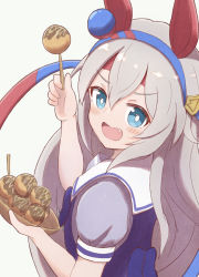 Rule 34 | 1girl, :d, animal ears, blue bow, blue eyes, blue hairband, blue shirt, blush, bow, commentary request, fang, food, from behind, grey background, grey hair, hair between eyes, hairband, hands up, highres, holding, holding food, horse ears, looking at viewer, looking back, open mouth, puffy short sleeves, puffy sleeves, school uniform, shirt, short sleeves, simple background, smile, solo, sunanuko (ramuneko), takoyaki, tamamo cross (umamusume), tracen school uniform, umamusume, v-shaped eyebrows