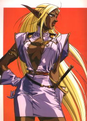 Rule 34 | 1990s (style), 1girl, ahoge, armlet, belt, belt skirt, blonde hair, breasts, breasts apart, center opening, circlet, cleavage, cowboy shot, dark-skinned female, dark elf, dark skin, dress, elbow gloves, elf, fantasy, gloves, grin, hand on own hip, highres, jewelry, large breasts, lipstick, long hair, long pointy ears, looking afar, looking away, makeup, narrow waist, no bra, official art, open clothes, open dress, pirotess, pointy ears, profile, record of lodoss war, red background, red lips, retro artstyle, short dress, sidelocks, simple background, smile, solo, standing, sword, turtleneck, very long hair, weapon, yellow eyes, yuuki nobuteru