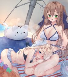 Rule 34 | 2girls, animal, bag, bare arms, bare legs, bare shoulders, barefoot, bikini, bikini top only, black bikini, blonde hair, blue eyes, blush, braid, breasts, brown hair, cat, cleavage, day, fanning, flying sweatdrops, g36 (50 days with g36) (girls&#039; frontline), g36 (girls&#039; frontline), girls&#039; frontline, green eyes, hair between eyes, hand fan, highres, holding, holding fan, lap pillow, large breasts, long hair, lying, multiple girls, navel, o-ring, o-ring bikini, o-ring top, official alternate costume, on side, one eye closed, open mouth, outdoors, paper fan, parted lips, plastic bag, seiza, sitting, springfield (girls&#039; frontline), springfield (stirring mermaid) (girls&#039; frontline), sweat, swimsuit, tandohark, towel, transparent, very long hair, water, white bikini