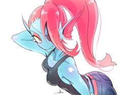 Rule 34 | 1girl, blue skin, blush, colored sclera, colored skin, eyepatch, fins, gills, head fins, highres, long hair, looking at viewer, monster girl, noah (tettsui-sole), pants, ponytail, red hair, sharp teeth, shirt, smile, solo, teeth, undertale, undyne, yellow sclera