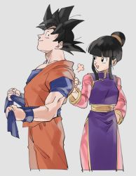 Rule 34 | 1boy, 1girl, :d, puff of air, adjusting clothes, arm at side, black eyes, black hair, chi-chi (dragon ball), chinese clothes, clenched hand, couple, dougi, dragon ball, dragonball z, eyelashes, grey background, hand on another&#039;s back, hand on own hip, happy, height difference, hetero, highres, hpoono (0159), long sleeves, looking at another, open mouth, profile, simple background, smile, son goku, spiked hair, standing, upper body, wristband