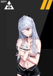Rule 34 | 1girl, absurdres, ak-12 (girls&#039; frontline), alternate costume, bare shoulders, black choker, black shorts, breasts, choker, closed mouth, collarbone, covered erect nipples, crossed arms, defy (girls&#039; frontline), feet out of frame, finger to mouth, girls&#039; frontline, highres, juno-pn6221, long hair, looking at viewer, medium breasts, nail polish, navel, no bra, one eye closed, ponytail, purple eyes, purple nails, shorts, silver hair, simple background, solo, standing