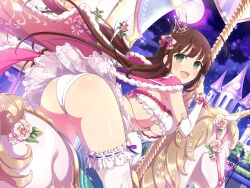 Rule 34 | 1girl, ahoge, ass, blush, bow, bra, breasts, bridle, brown hair, bush, cape, carousel, castle, chain, cloud, crown, detached sleeves, emblem, floral print, flower, frilled bra, frilled sleeves, frilled thighhighs, frills, from behind, full moon, fur trim, gem, gold, gold chain, green eyes, hair bow, hair ornament, heart, heart-shaped gem, heart print, highres, holding, holding pole, horse, horseback riding, lace, lace-trimmed skirt, lace trim, large breasts, leaf, lens flare, long hair, looking at viewer, looking back, mini crown, moon, multicolored bow, night, night sky, official alternate costume, official art, open mouth, outdoors, panties, pearl (gemstone), pink bow, pink cape, pink flower, pink rose, plant, pole, purple gemstone, railing, ribbon-trimmed thighhighs, ribbon trim, riding, rose, rose print, saddle, senran kagura, senran kagura new link, shiny skin, shuriken print, skirt, sky, smile, solo, sparkle, stairs, star (sky), starry sky, thighhighs, tower, tree, ui (senran kagura), underboob, underwear, unicorn, white bow, white bra, white horse, white panties, white thighhighs, wrist bow, yaegashi nan, yellow bow