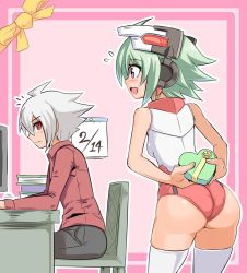 Rule 34 | 1boy, 1girl, acura (gunvolt), ass, azure striker gunvolt, azure striker gunvolt 2, bare shoulders, blue eyes, blush, book, breasts, cougar (cougar1404), desk, elbow gloves, from behind, gloves, green hair, leotard, long sleeves, open mouth, pants, red eyes, roro (gunvolt), shiny clothes, shiny skin, shirt, short hair, sideboob, silver hair, smile, thighhighs, valentine, wedgie