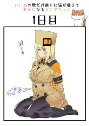 Rule 34 | 1girl, ashiomi masato, black pantyhose, blonde hair, blue eyes, breasts, closed mouth, dress, fur hat, guilty gear, guilty gear strive, hat, long hair, millia rage, pantyhose, simple background, solo, white background