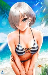 Rule 34 | 1girl, absurdres, artist logo, artist name, bare shoulders, beach, bikini, black bikini, breasts, closed mouth, collarbone, commentary request, cowboy shot, day, eyes visible through hair, grey hair, hair over one eye, hand on own thigh, highres, infinote, looking at viewer, navel, o-ring, ocean, original, outdoors, palm tree, sashou mihiro, short hair, signature, smile, solo, starfish, stomach, striped bikini, striped clothes, sun, swimsuit, tree, wet, white bikini