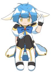 Rule 34 | 1girl, angel wing uniform, animal ears, blue hair, blue skirt, boots, bow, cocia (kosianko), commentary request, galaxy angel, gloves, highres, mint blancmanche, panties, pantyshot, puffy short sleeves, puffy sleeves, short hair, short sleeves, sitting, skirt, smile, solo, striped clothes, striped panties, thighhighs, underwear, uniform, white background, yellow eyes