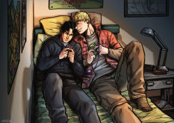 Rule 34 | 2boys, bara, bedroom, black hair, blonde hair, blush, brown pants, couple, creatures (company), cris art, denim, ear piercing, feet out of frame, game freak, game link cable, heads together, holding, holding phone, hood, hoodie, hulkling, jeans, layered shirt, male focus, marvel, multiple boys, nintendo, on bed, pants, phone, piercing, pokemon, poster (object), short hair, sideburns, sitting, smile, thick eyebrows, wiccan, yaoi