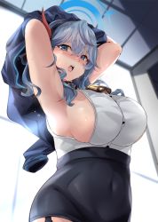 Rule 34 | 1girl, ako (blue archive), arms up, bell, blue archive, blue eyes, blue hair, blue jacket, breasts, commission, covered navel, cowbell, endou (zettai bluenoid), from below, garter straps, halo, high-waist skirt, highres, jacket, large breasts, looking at viewer, neck bell, open mouth, removing jacket, short hair, short hair with long locks, sideboob, skeb commission, skirt, solo, sweat, teeth, upper teeth only