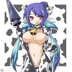 Rule 34 | 00s, 1girl, animal costume, animal ears, animal print, blue hair, breasts, collar, cow girl, cow print, horns, judith (tales), large breasts, pointy ears, red eyes, smile, solo, tail, tales of (series), tales of vesperia