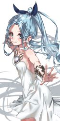 Rule 34 | 10s, 1girl, absurdres, alternate hairstyle, bad id, bad pixiv id, bare shoulders, blue eyes, blue hair, blue ribbon, blush, bracer, breasts, choker, closed mouth, collarbone, dress, eyebrows, eyes visible through hair, gem, granblue fantasy, hair ribbon, hair up, highres, long hair, looking at viewer, lyria (granblue fantasy), matching hair/eyes, outstretched arms, ribbon, rolua, short dress, simple background, small breasts, smile, solo, very long hair, white background, white dress