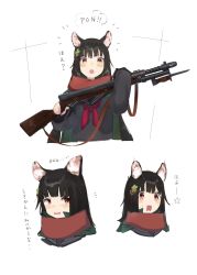 Rule 34 | 1girl, animal ears, black hair, blush, dog ears, girls&#039; frontline, hair ornament, highres, holding, holding weapon, image sample, kilabo, long hair, long sleeves, looking at viewer, open mouth, red eyes, red scarf, scarf, simple background, solo, surprised, twitter sample, type 100 (girls&#039; frontline), weapon, white background
