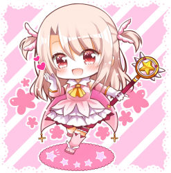 Rule 34 | 1girl, ascot, chibi, dress, elbow gloves, fate/kaleid liner prisma illya, fate (series), feather hair ornament, feathers, full body, gloves, hair ornament, holding, holding wand, illyasviel von einzbern, kaleidostick, layered gloves, long hair, magical girl, orange ascot, pink dress, pink feathers, pink footwear, pink gloves, pink sleeves, pink thighhighs, prisma illya, red eyes, solo, thighhighs, toko (torisan ren), two side up, wand, white gloves, white hair