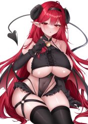 Rule 34 | 1girl, absurdres, ahoge, azur lane, bare shoulders, black gloves, black headband, black horns, blush, breasts, clothing cutout, covered navel, curled horns, demon girl, demon tail, deogho (liujinzy9854), elbow gloves, gloves, headband, highres, hindenburg (azur lane), horns, large breasts, long hair, looking at viewer, navel, pointy ears, red eyes, red hair, solo, tail, thick thighs, thighs, underboob, underboob cutout, very long hair, white background, wings