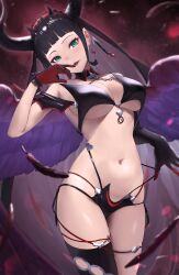 Rule 34 | 1girl, absurdres, asymmetrical gloves, bikini, bikini bottom pull, black bikini, black gloves, black hair, blunt bangs, boots, breasts, commentary request, demon horns, drop earrings, earrings, elbow gloves, falling feathers, feathered wings, feathers, frilled hairband, frills, gloves, gradient background, granblue fantasy, green eyes, hairband, hand to own mouth, highleg, highleg bikini, highres, horns, jewelry, large breasts, long hair, looking at viewer, magus (granblue fantasy), matsukan (dug pile), mismatched gloves, multi-strapped bikini bottom, navel, open mouth, pulled by self, red gloves, simple background, single elbow glove, single glove, single thigh boot, smile, solo, swimsuit, thigh boots, thigh strap, two-tone gloves, very long hair, wings