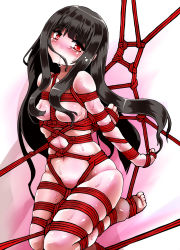 Rule 34 | 1girl, bdsm, black hair, blush, bondage, bound, breasts, convenient censoring, gradient background, hair censor, hair in own mouth, highres, lilish, long hair, nude, red eyes, solo
